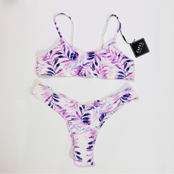 NWT Zaful White & Purple Watercolor Floral Bikini Set - Picture 1 of 3